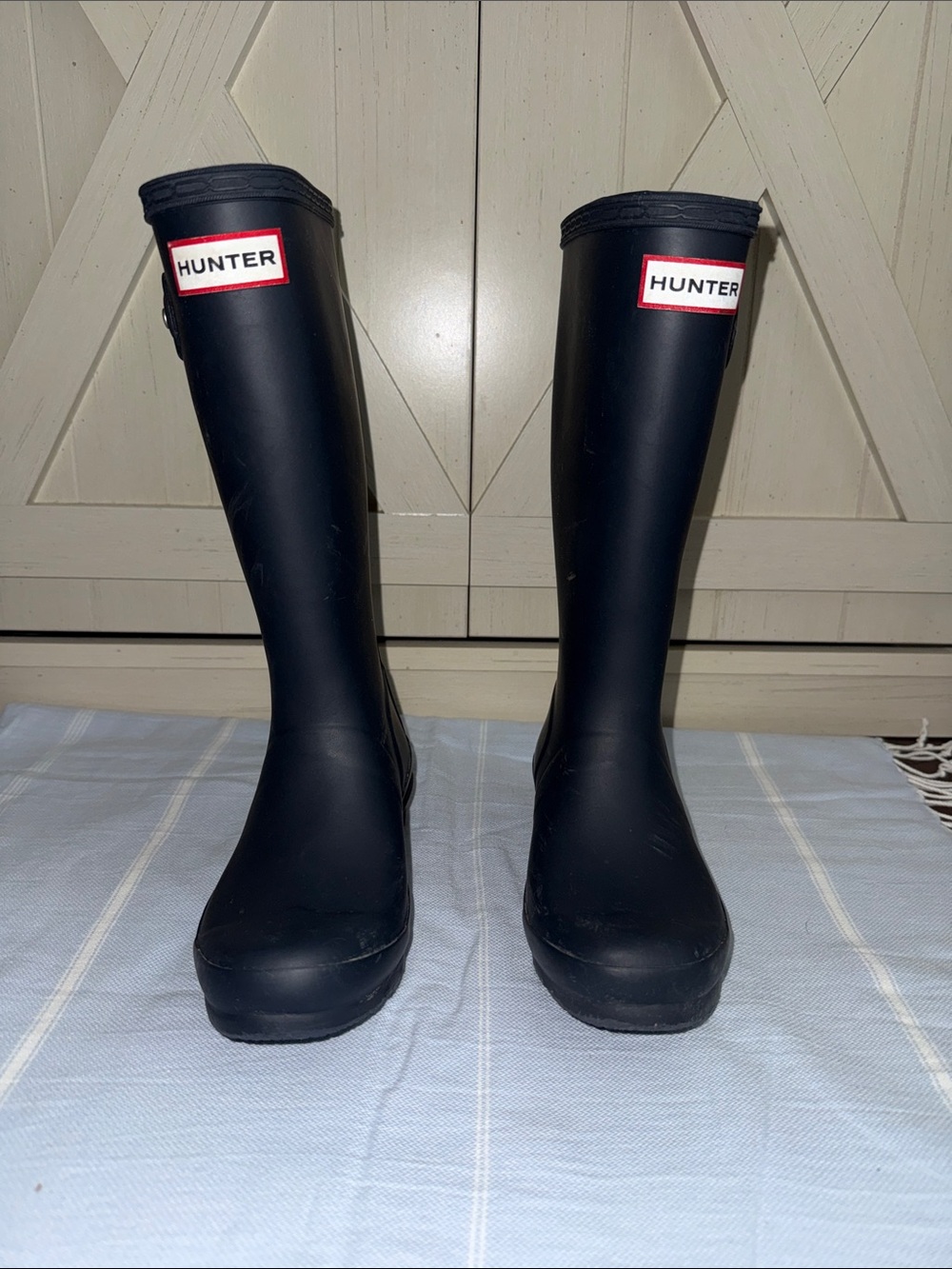 Kids Hunter Navy Tall Rain Boots with Red Logo Trim